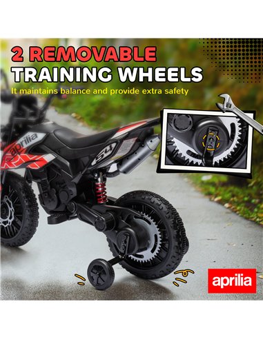 AIYAPLAY 12V Aprilia Licenced Kids Motorbike with Training Wheels, Spring Suspension, LED Light, USB, Music, Red