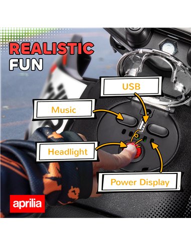 AIYAPLAY 12V Aprilia Licenced Kids Motorbike with Training Wheels, Spring Suspension, LED Light, USB, Music, Red