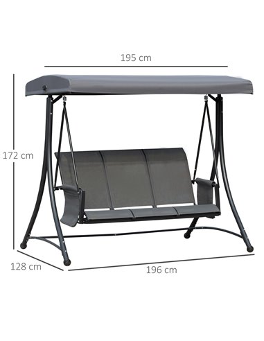 Outsunny 3 Person Outdoor Patio Porch Swing Chair with High Back Design, Side Pouches and Adjustable Canopy, Charcoal Grey