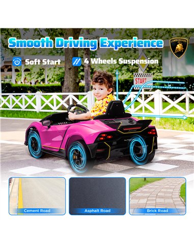 AIYAPLAY 12V Lamborghini Autentica Licensed Kids Electric Car with Remote Control, Four Suspension Wheels, Soft Start, Pink