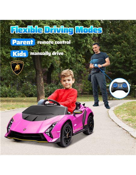 AIYAPLAY 12V Lamborghini Autentica Licensed Kids Electric Car with Remote Control, Four Suspension Wheels, Soft Start, Pink - pic 124109 | FastDaddyshop