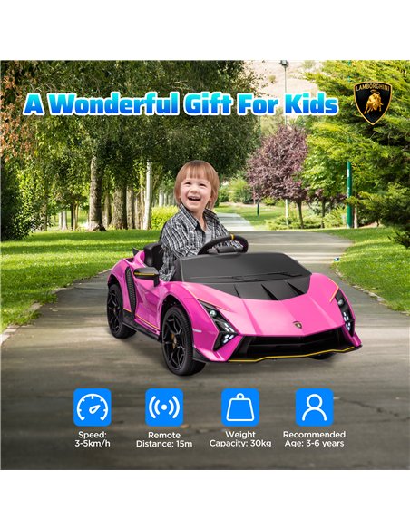 AIYAPLAY 12V Lamborghini Autentica Licensed Kids Electric Car with Remote Control, Four Suspension Wheels, Soft Start, Pink - pic 124110 | FastDaddyshop
