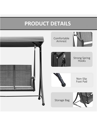 Outsunny 3 Person Outdoor Patio Porch Swing Chair with High Back Design, Side Pouches and Adjustable Canopy, Charcoal Grey