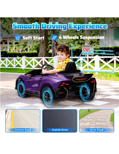 AIYAPLAY 12V Lamborghini Autentica Licensed Kids Electric Car with Remote Control, Four Suspension Wheels, Soft Start, Purple