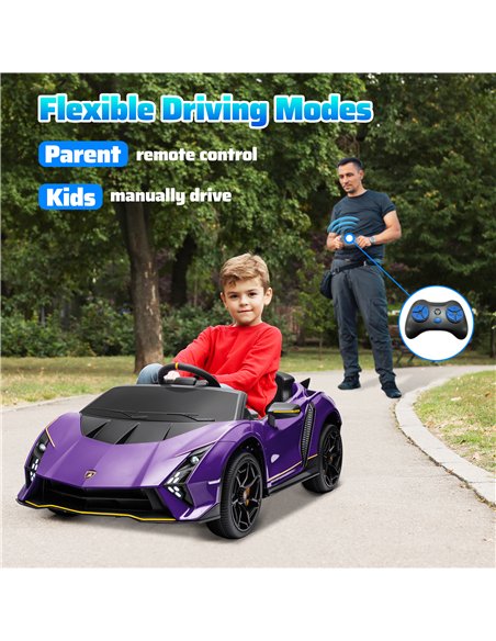 AIYAPLAY 12V Lamborghini Autentica Licensed Kids Electric Car with Remote Control, Four Suspension Wheels, Soft Start, Purple - pic 124154 | FastDaddyshop