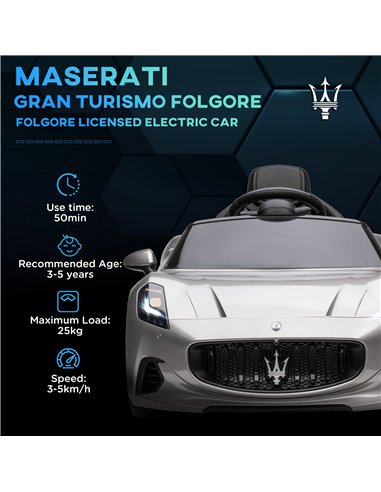 AIYAPLAY 12V Maserati Gran Turismo Folgore Lincesed Kids Electric Car with Remote Control, Soft Start, Grey