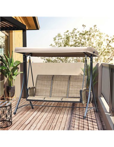 Outsunny 3 Person Outdoor Patio Porch Swing Chair with High Back Design, Side Pouches and Adjustable Canopy, Brown