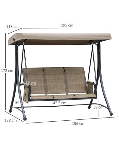 Outsunny 3 Person Outdoor Patio Porch Swing Chair with High Back Design, Side Pouches and Adjustable Canopy, Brown