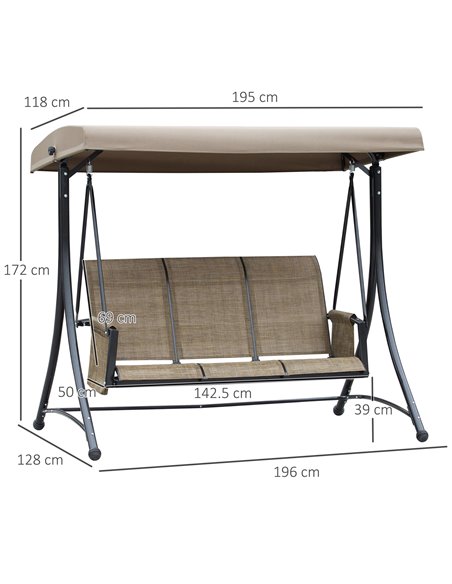 Outsunny 3 Person Outdoor Patio Porch Swing Chair with High Back Design, Side Pouches and Adjustable Canopy, Brown - pic 12418 | FastDaddyshop