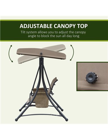 Outsunny 3 Person Outdoor Patio Porch Swing Chair with High Back Design, Side Pouches and Adjustable Canopy, Brown