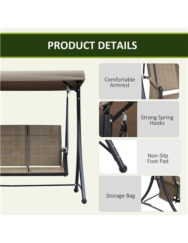 Outsunny 3 Person Outdoor Patio Porch Swing Chair with High Back Design, Side Pouches and Adjustable Canopy, Brown