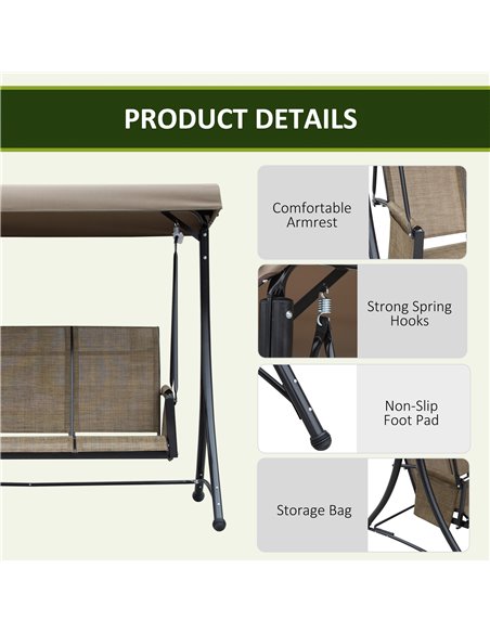 Outsunny 3 Person Outdoor Patio Porch Swing Chair with High Back Design, Side Pouches and Adjustable Canopy, Brown - pic 12421 | FastDaddyshop