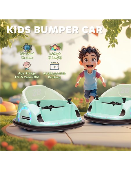 AIYAPLAY 360° Rotation Kids Bumper Car, 12V Waltz Car with Remote Control, Dual Joystick, Music, Lights, Green - pic 124219 | FastDaddyshop