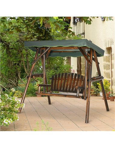 Outsunny 2-Person Garden Swing Chair, Outdoor Hanging Wooden Porch Bench w/ Adjustable Canopy and Side Trays for Patio, Poolside