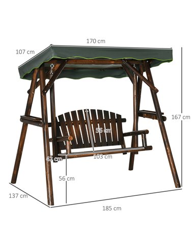 Outsunny 2-Person Garden Swing Chair, Outdoor Hanging Wooden Porch Bench w/ Adjustable Canopy and Side Trays for Patio, Poolside