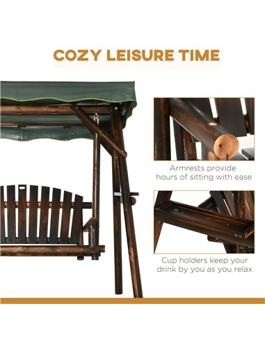 Outsunny 2-Person Garden Swing Chair, Outdoor Hanging Wooden Porch Bench w/ Adjustable Canopy and Side Trays for Patio, Poolside