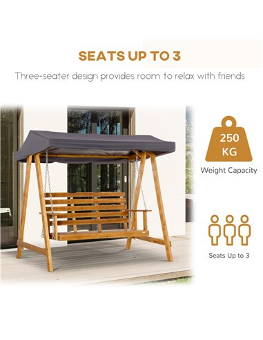 Outsunny 3 Seater Garden Swing Chair Outdoor Wooden Swing Bench Hammock with Adjustable Canopy