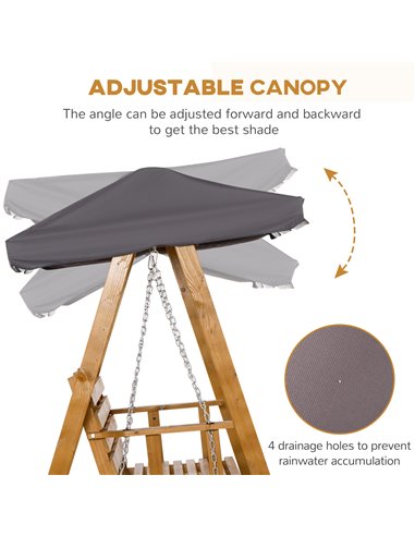 Outsunny 3 Seater Garden Swing Chair Outdoor Wooden Swing Bench Hammock with Adjustable Canopy