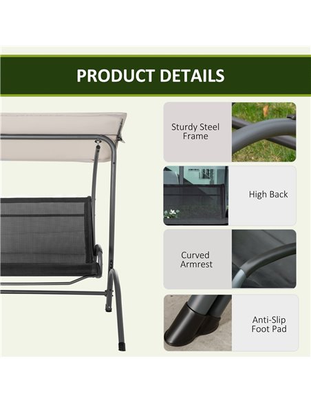 Outsunny 2 Seater Garden Swing Chair Outdoor Hammock Bench w/ Adjustable Tilting Canopy, Texteline Seats and Steel Frame, Beige - pic 12469 | FastDaddyshop