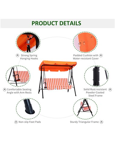 Outsunny 3 Seater Canopy Swing Chair Garden Rocking Bench Heavy Duty Patio Metal Seat w/ Top Roof - Orange