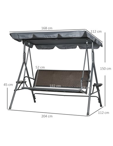 Outsunny 3 Seater Swing Chair, Garden Swing Seat Bench with Adjustable Canopy, Rattan Seat, and Steel Frame for Patio, Yard