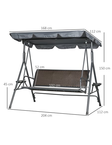 Outsunny 3 Seater Swing Chair, Garden Swing Seat Bench with Adjustable Canopy, Rattan Seat, and Steel Frame for Patio, Yard - pic 12500 | FastDaddyshop