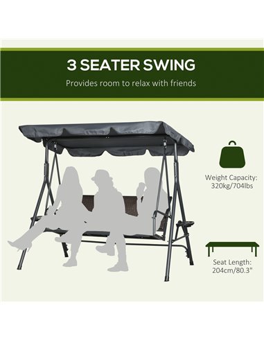 Outsunny 3 Seater Swing Chair, Garden Swing Seat Bench with Adjustable Canopy, Rattan Seat, and Steel Frame for Patio, Yard