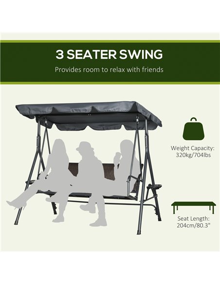 Outsunny 3 Seater Swing Chair, Garden Swing Seat Bench with Adjustable Canopy, Rattan Seat, and Steel Frame for Patio, Yard - pic 12501 | FastDaddyshop