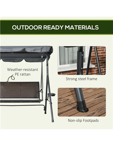 Outsunny 3 Seater Swing Chair, Garden Swing Seat Bench with Adjustable Canopy, Rattan Seat, and Steel Frame for Patio, Yard