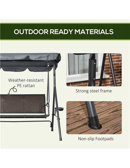 Outsunny 3 Seater Swing Chair, Garden Swing Seat Bench with Adjustable Canopy, Rattan Seat, and Steel Frame for Patio, Yard - pic 12503 | FastDaddyshop
