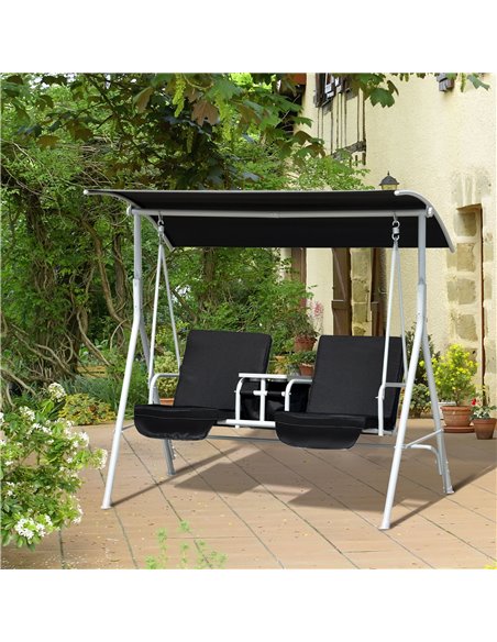 Outsunny 2 Seater Garden Swing Chair Patio Rocking Bench w/ Tilting Canopy, Double Padded Seats, Storage Bag and Tray, Black - pic 12507 | FastDaddyshop