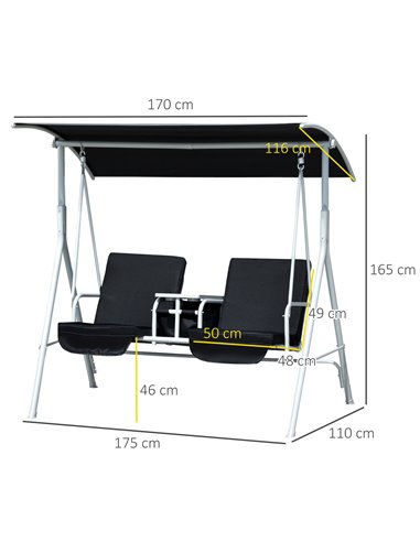 Outsunny 2 Seater Garden Swing Chair Patio Rocking Bench w/ Tilting Canopy, Double Padded Seats, Storage Bag and Tray, Black
