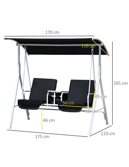 Outsunny 2 Seater Garden Swing Chair Patio Rocking Bench w/ Tilting Canopy, Double Padded Seats, Storage Bag and Tray, Black - pic 12508 | FastDaddyshop