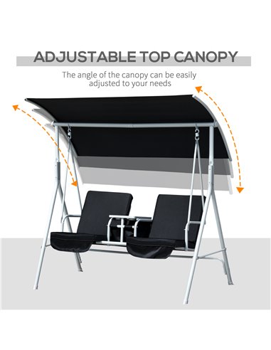 Outsunny 2 Seater Garden Swing Chair Patio Rocking Bench w/ Tilting Canopy, Double Padded Seats, Storage Bag and Tray, Black