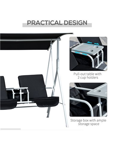 Outsunny 2 Seater Garden Swing Chair Patio Rocking Bench w/ Tilting Canopy, Double Padded Seats, Storage Bag and Tray, Black