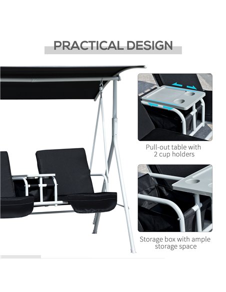 Outsunny 2 Seater Garden Swing Chair Patio Rocking Bench w/ Tilting Canopy, Double Padded Seats, Storage Bag and Tray, Black - pic 12510 | FastDaddyshop