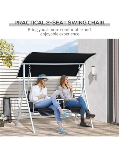 Outsunny 2 Seater Garden Swing Chair Patio Rocking Bench w/ Tilting Canopy, Double Padded Seats, Storage Bag and Tray, Black