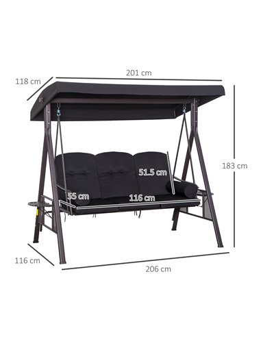 Outsunny Swing Chair Hammock Chair 3 Seater Canopy Cushion Shelter Outdoor Bench Black