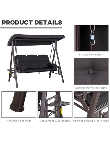 Outsunny Swing Chair Hammock Chair 3 Seater Canopy Cushion Shelter Outdoor Bench Black