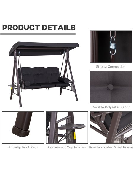 Outsunny Swing Chair Hammock Chair 3 Seater Canopy Cushion Shelter Outdoor Bench Black - pic 12518 | FastDaddyshop