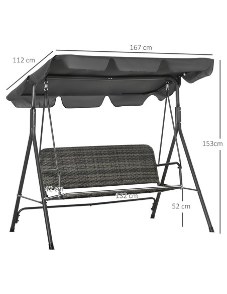 Outsunny 3-person Outdoor PE Rattan Swing Chair, Patio Wicker Hanging Swing Bench with Steel Frame Stand & Adjustable Canopy, Gr - pic 12524 | FastDaddyshop