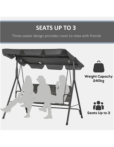 Outsunny 3-person Outdoor PE Rattan Swing Chair, Patio Wicker Hanging Swing Bench with Steel Frame Stand & Adjustable Canopy, Gr