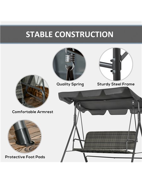 Outsunny 3-person Outdoor PE Rattan Swing Chair, Patio Wicker Hanging Swing Bench with Steel Frame Stand & Adjustable Canopy, Gr - pic 12528 | FastDaddyshop