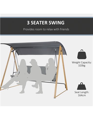 Outsunny 3 Seater Garden Swing Chair Bench with Adjustable Canopy, Cushioned Seat and Weather Resistant Steel Frame for Patio, Y
