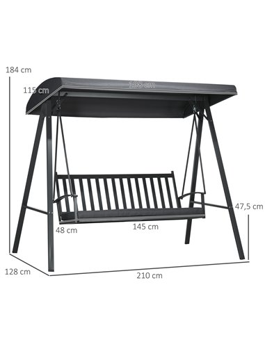 Outsunny 3-Seat Garden Swing Chair, Outdoor Canopy Swing with Removable Cushion, Adjustable Shade, and Slatted Bench, for Porch,