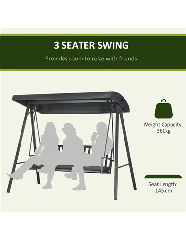 Outsunny 3-Seat Garden Swing Chair, Outdoor Canopy Swing with Removable Cushion, Adjustable Shade, and Slatted Bench, for Porch,