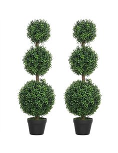 HOMCOM Set of 2 Decorative Artificial Plants, Topiary Ball-shaped Boxwood Trees in Pot, Fake Plants for Home Indoor outdoor Deco
