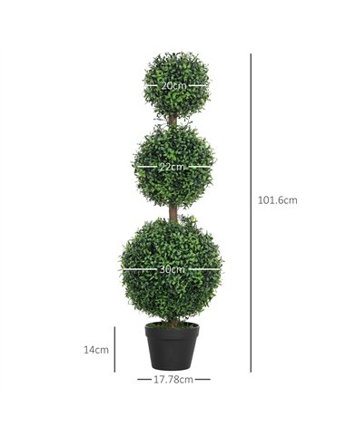 HOMCOM Set of 2 Decorative Artificial Plants, Topiary Ball-shaped Boxwood Trees in Pot, Fake Plants for Home Indoor outdoor Deco