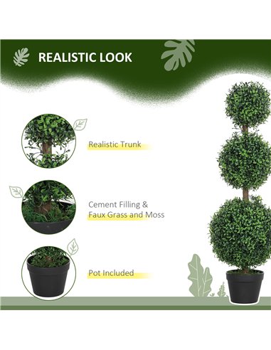 HOMCOM Set of 2 Decorative Artificial Plants, Topiary Ball-shaped Boxwood Trees in Pot, Fake Plants for Home Indoor outdoor Deco