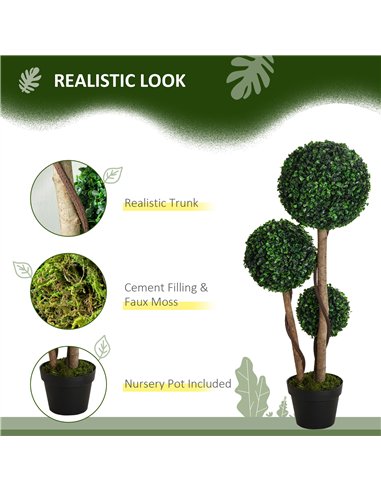 HOMCOM Decorative Artificial Plant Boxwood Ball Topiary Tree in Pot Fake Plant for Home Indoor Outdoor Decor, 90 cm, Dark Green